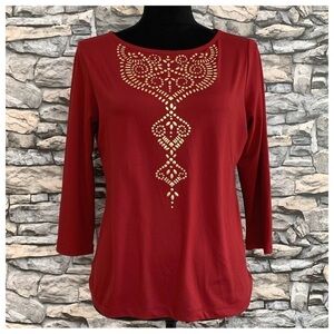 #69 Ruby Rd Petite Red Wine Jeweled Embellished 3/4 Sleeve Blouse Shirt Top PS